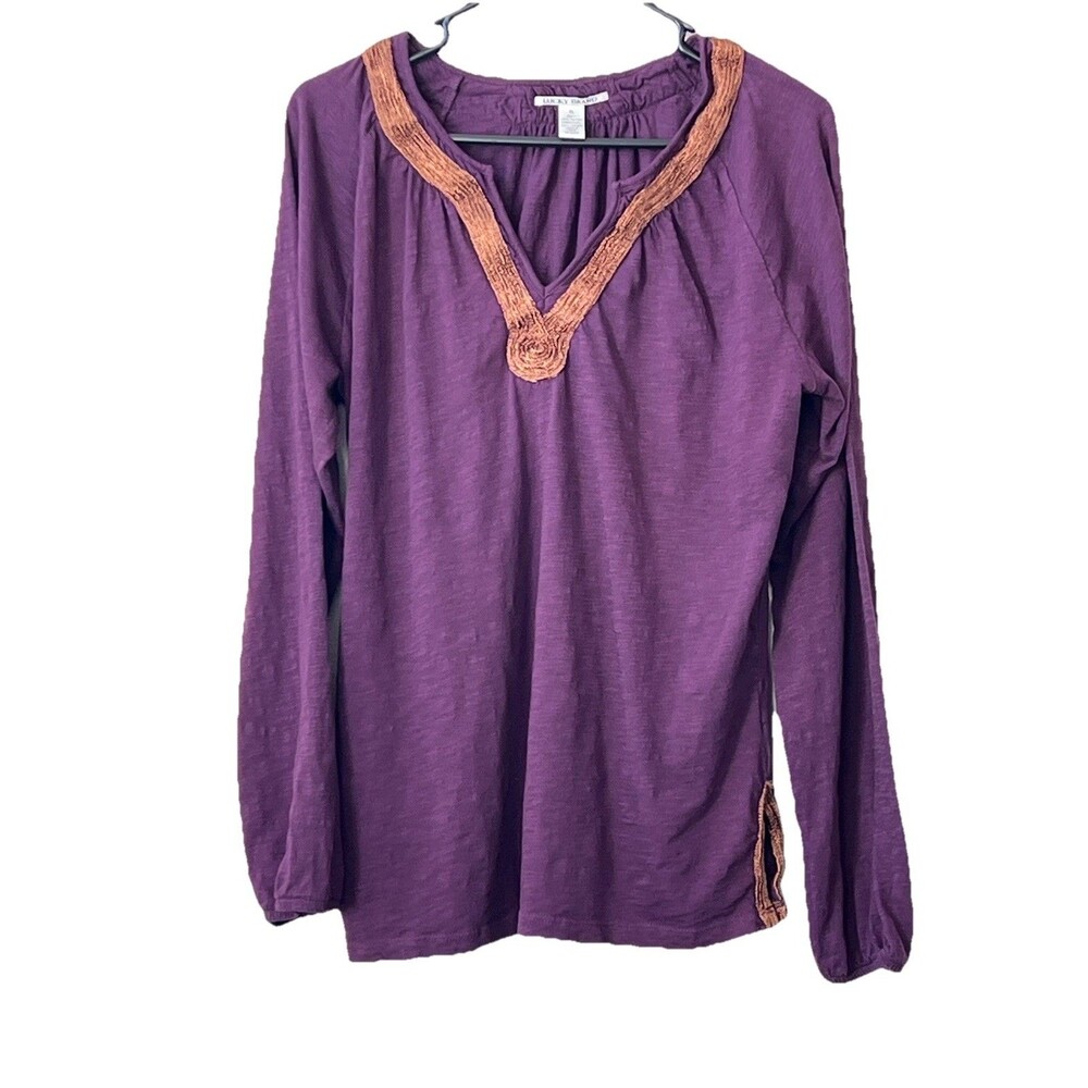 Lucky Brand Purple Long Sleeve Embroidered Neck Boho Peasant Top Women’s XL